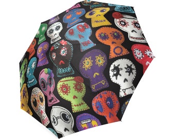 Sugar Skull Umbrella - fotorealistische geborduurde suikerschedels - opvouwbare paraplu - Halloween-paraplu - dag van de dode paraplu