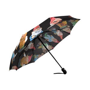 Vintage Garden Gnomes Rain Umbrella photo-realistic gnomes foldable umbrella black, white or dark teal image 2