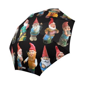 Vintage Garden Gnomes Rain Umbrella photo-realistic gnomes foldable umbrella black, white or dark teal black