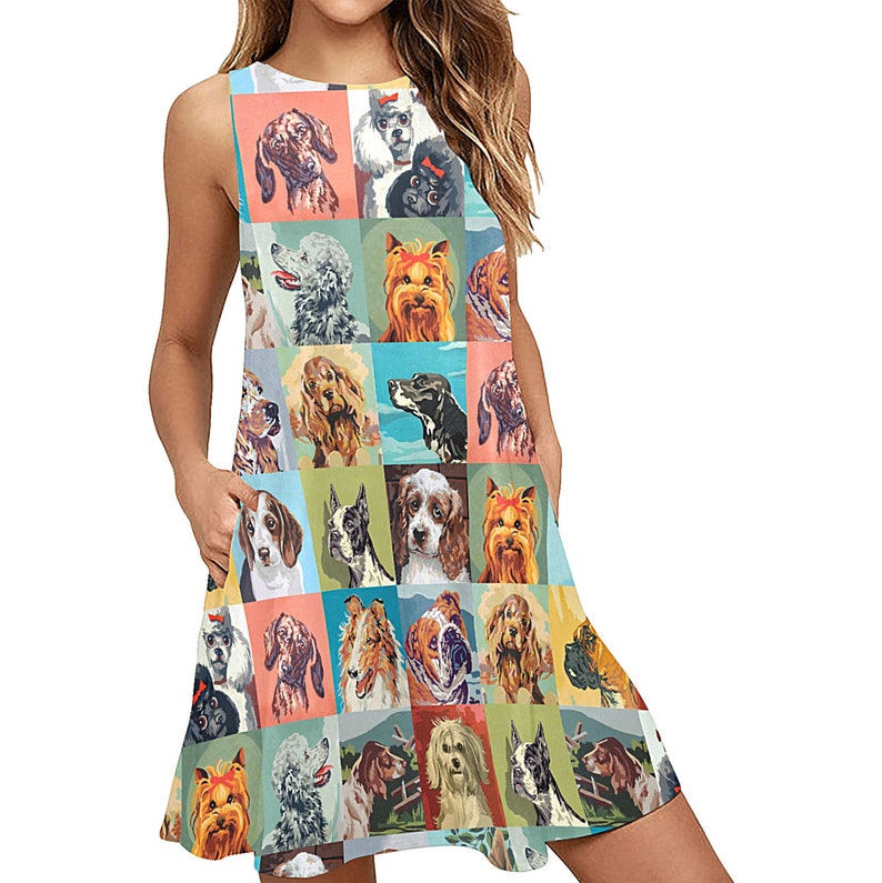 Paint by Number Dogs Sleeveless Trapeze Dress round neck flare dress with side pockets pbn dog fabric a-line dress image 1