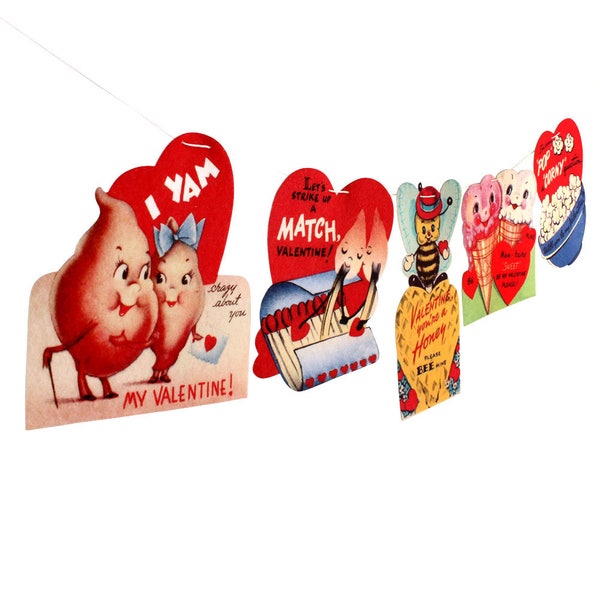 Vintage Valentine Card Garland 2 - photo reproductions on felt - Valentine pun cards - anthropomorphic Valentines