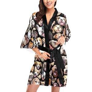 Dogs Kimono Robe printed women's dog print short kimono bath robe USA XS-2XL black