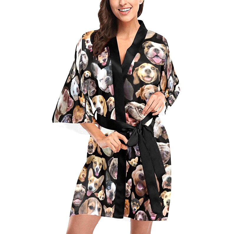 Dogs Kimono Robe printed women's dog print short kimono bath robe USA XS-2XL black