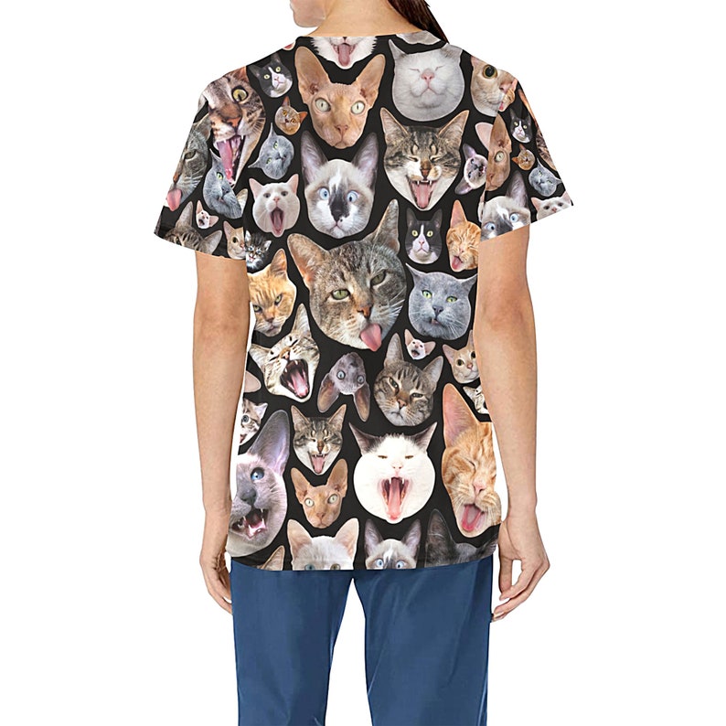 Cat Design Medical Scrub Top Verpleegkundige Dierenarts Verloskundige Tandheelkundig Uniform Polyester scrubs met V-hals en diepe zakken XS 4XL afbeelding 2