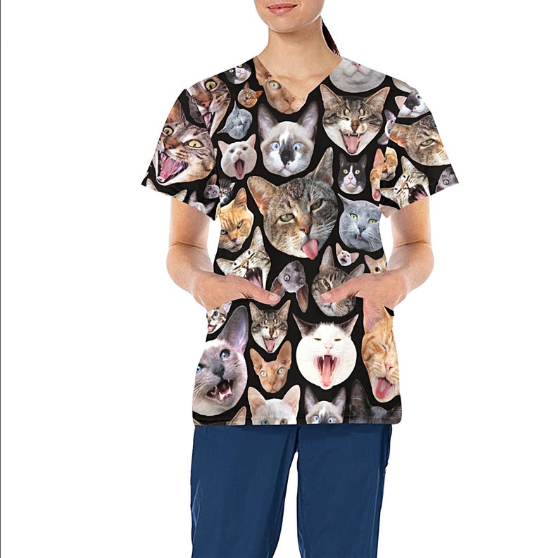 Cat Design Medical Scrub Top Verpleegkundige Dierenarts Verloskundige Tandheelkundig Uniform Polyester scrubs met V-hals en diepe zakken XS 4XL black