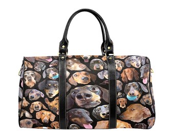 Dachshund Travel Bag -  large zippered luggage with funny wiener dog photos - novelty dog breeds - waterproof