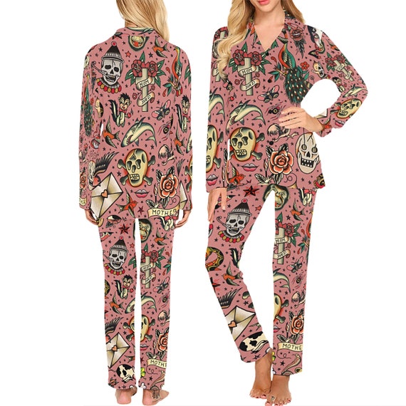 Women s Vintage Tattoo Flash Pajamas Set or Pants Long sleeve With Collar and Buttons Long Pants With Pockets Etsy UK