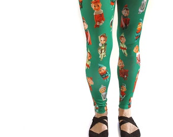 Retro Elves Leggings - photographic knee-hugging elves - ankle length - printed novelty Christmas leggings