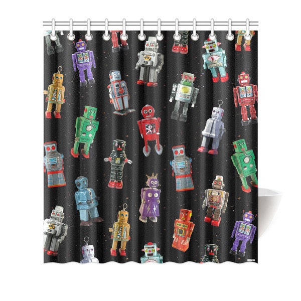 Novelty Robot Shower Curtain - photographic vintage tin robot reproductions - shower curtain for kids