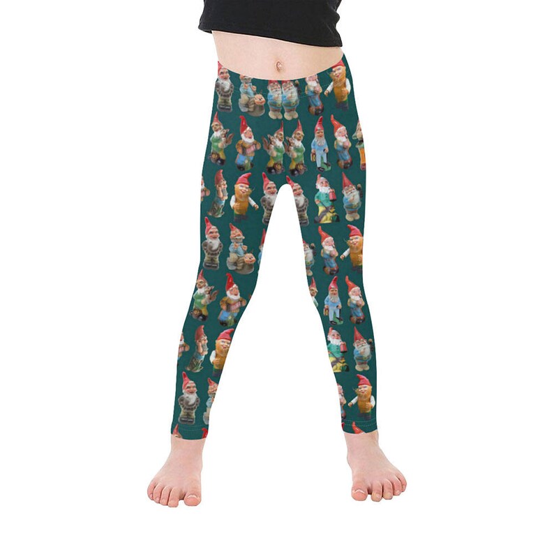 Kids Vintage Garden Gnomes Leggings photographic gnomes fabric ankle length for children printed leggings black white or dark teal dark teal