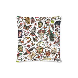 Tattoo Flash Pillow Cover old school tattoo gray white or image 3
