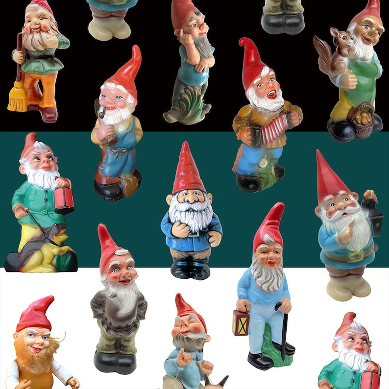 Vintage Garden Gnomes Rain Umbrella photo-realistic gnomes foldable umbrella black, white or dark teal image 5