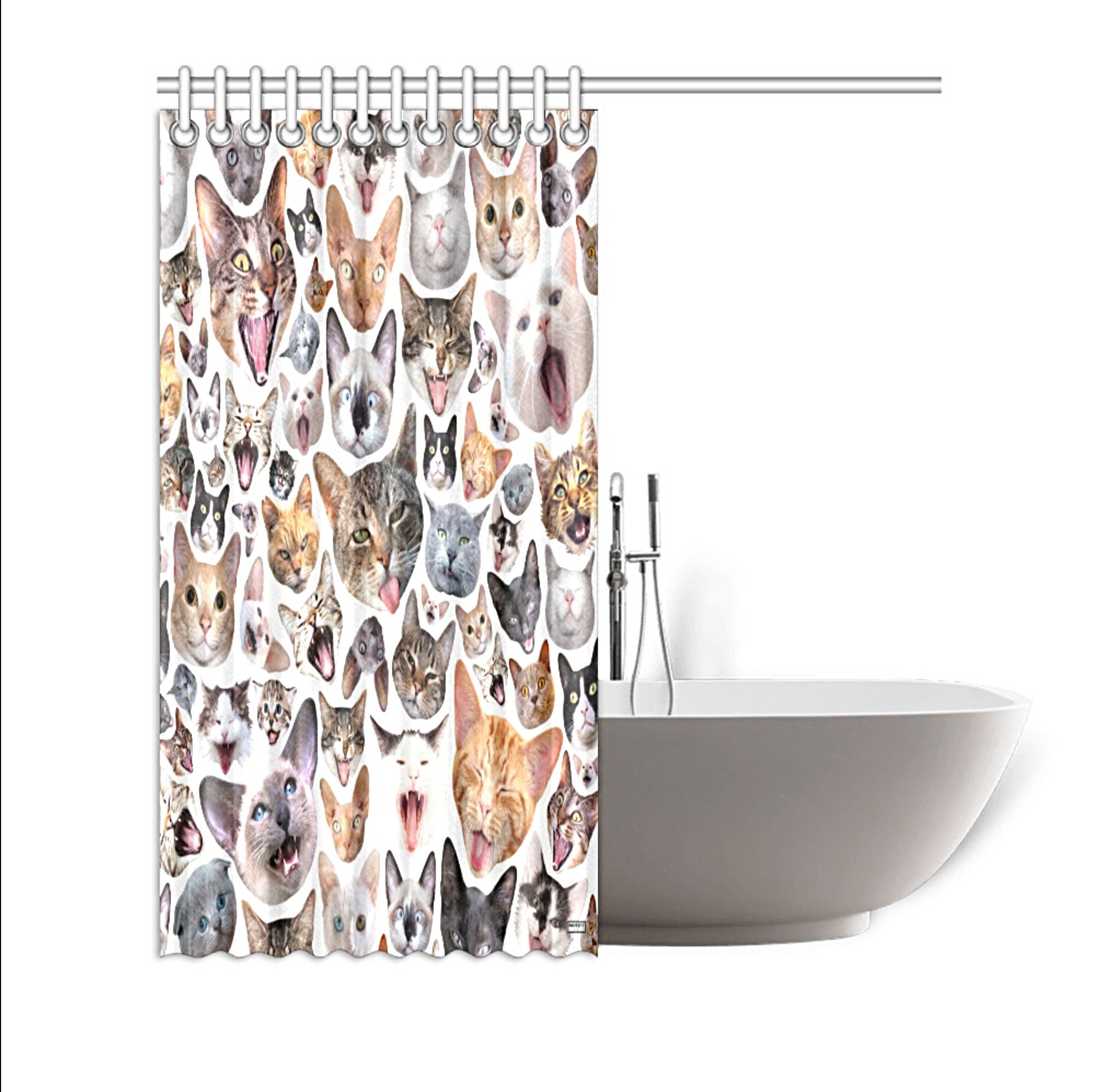 Divertida cortina de ducha con diseño de gatos, rústica, rosa, margarita,  floral, lindo gato, divertida, mascota, bohemio, amante de los gatos, juego