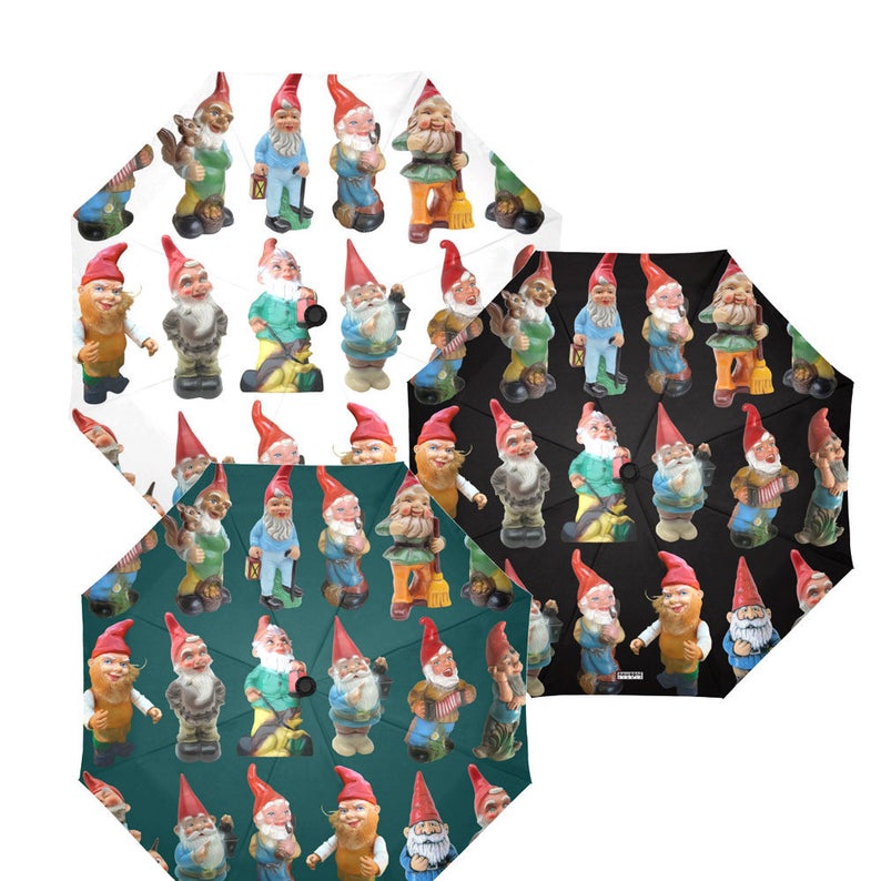 Vintage Garden Gnomes Rain Umbrella photo-realistic gnomes foldable umbrella black, white or dark teal image 4