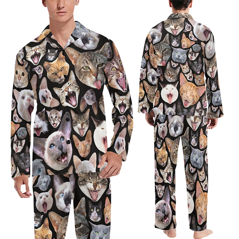 Men's Cats Pajamas Set or Pants long-sleeve with collar and buttons long pants novelty cat pjs black