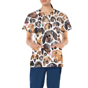 Dachshund Dog Design Medical Scrub Top Nurse Vet Midwife Dental Uniform V neck polyester scrubs with deep pockets XS 4XL white