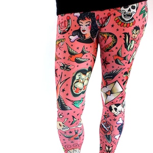 Old School Tattoos Leggings - vintage tattoo flash - ankle length - printed leggings - rose, gray or white