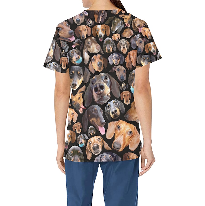 Dachshund Dog Design Medical Scrub Top Nurse Vet Midwife Dental Uniform V neck polyester scrubs with deep pockets XS 4XL image 2