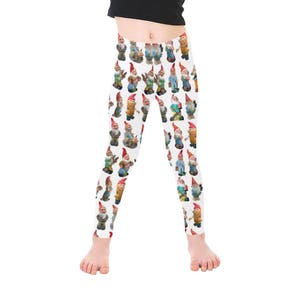 Kids Vintage Garden Gnomes Leggings photographic gnomes fabric ankle length for children printed leggings black white or dark teal white