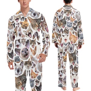 Men's Cats Pajamas Set or Pants long-sleeve with collar and buttons long pants novelty cat pjs white