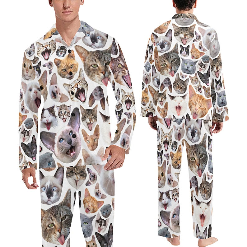 Men's Cats Pajamas Set or Pants long-sleeve with collar and buttons long pants novelty cat pjs image 2