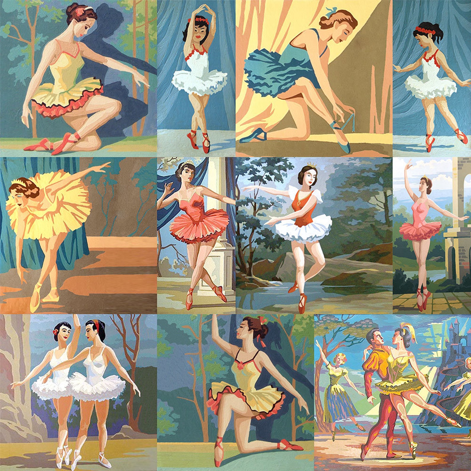 vintage paint by number ballerinas shower curtain - pbn ballet dancers - girls bathroom
