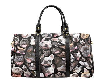 French Bulldogs Travel Bag -  large zippered luggage with funny frenchie dog photos - novelty dog breeds - waterproof