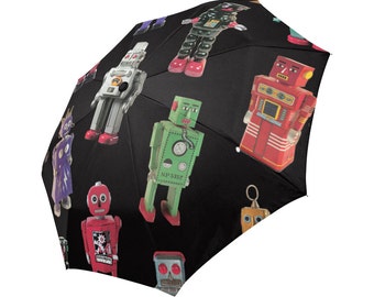Robots Umbrella - photo-realistic vintage tin robots - whimsical printed foldable umbrella - 60s robots - boys umbrella