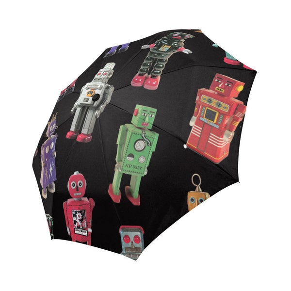 Robots Umbrella - photo-realistic vintage tin robots - whimsical printed foldable umbrella - 60s robots - boys umbrella