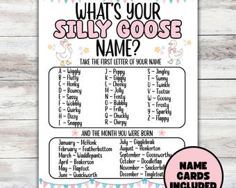 Generador de juegos Silly Goose ¿Cómo te llamas? para cumpleaños infantiles, baby showers, Un ganso tonto, aula, reunión familiar, compañero de trabajo, imprimible