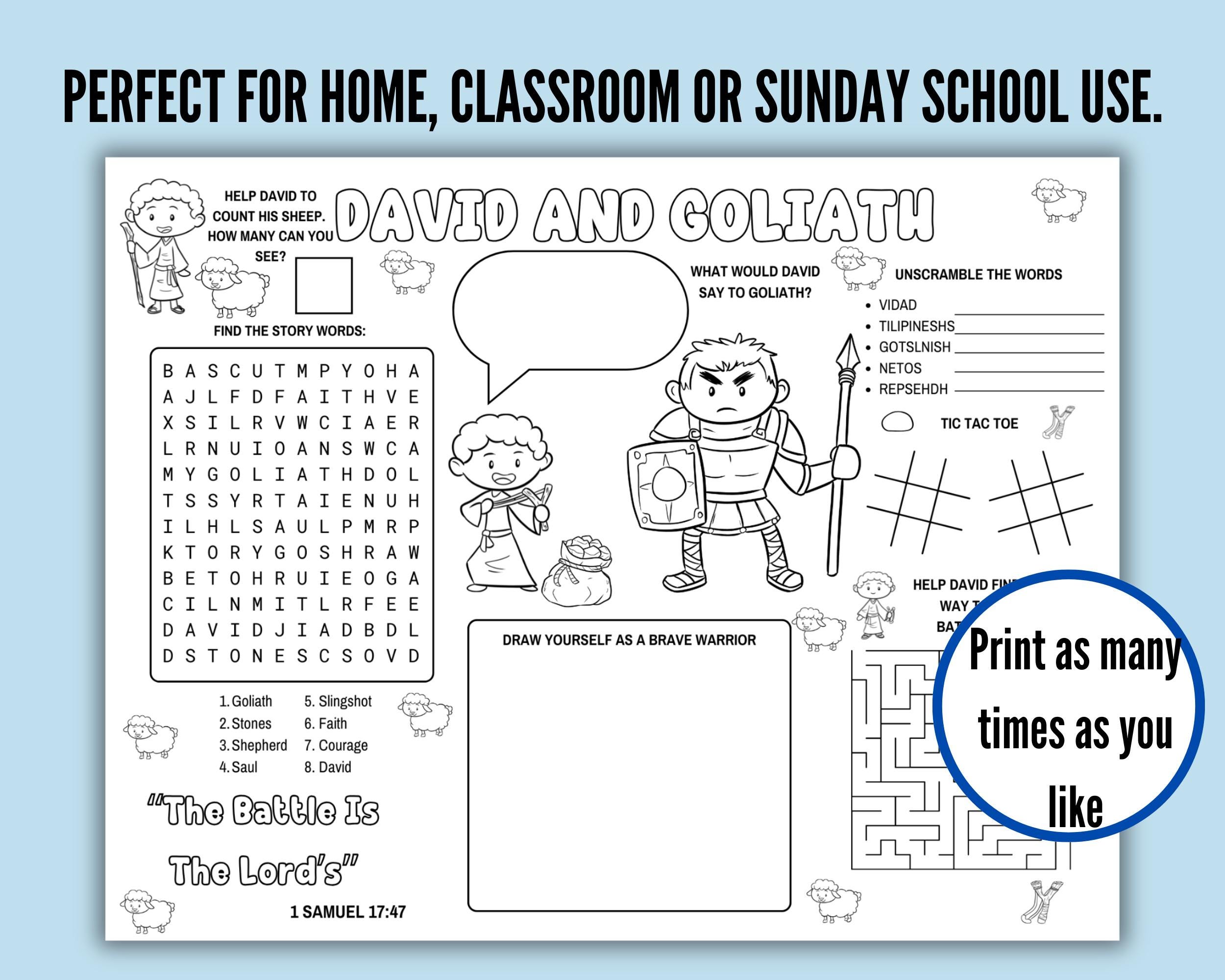 Fun David and Goliath Coloring Activity Sheet for Kids, Printable Bible ...