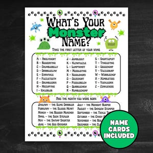 May include: A fun poster with the title "WHAT'S YOUR MONSTER NAME?" and a list of monster names based on the first letter of your name and birth month. Includes a green circle that says "NAME CARDS INCLUDED".