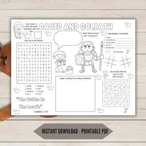 Hoja de actividades para colorear divertida de David y Goliat para niños, página de actividades bíblicas imprimible, mantel individual para colorear perfecto para las lecciones de la escuela dominical.