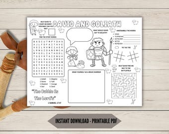 Fun David and Goliath Coloring Activity Sheet for Kids, Printable Bible Activity Page, Perfect coloring placemat for Sunday School lessons.
