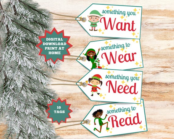 Printable Minimalist Christmas Holiday Gift Tags, Want, Need, Wear