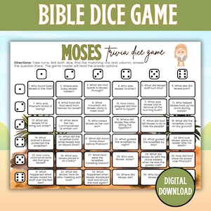 May include: A printable Bible Dice Game with a Moses theme. The game board has trivia questions and dice icons. The words "Bible Dice Game" and "Moses Trivia Dice Game" are at the top. A "Digital Download" button is at the bottom.
