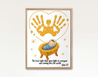 Handafdruk kerststal, handafdruk kerstmis, afdrukbare baby Jezus, kerst voorschoolse activiteit, religieuze feestdag kunst afdrukbare