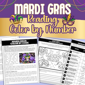 Könnte beinhalten: Bildungsarbeitsblätter zum Thema Mardi Gras. Der Titel "Mardi Gras Reading Color by Number" ist in großen, farbenfrohen Buchstaben dargestellt. Die Blätter enthalten Leseverständnisübungen und Ausmalaktivitäten nach Zahlen.