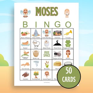 May include: A Moses Bingo game card with illustrations of biblical scenes. The title "MOSES BINGO" is at the top, with a grid of images including a trumpet, sheep, and the parting of the Red Sea. A green circle says "50 CARDS".