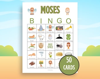 Moses bingospel utskrivbart, religiös bingoaktivitet, bibelbingospel, Moses söndagsskolelektioner för barn, baby Moses, tio budorden