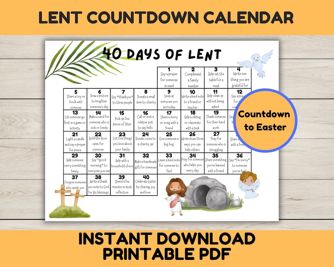 Lent Countdown Calendar for Kids, Lenten Activity Calendar, 40 Days of