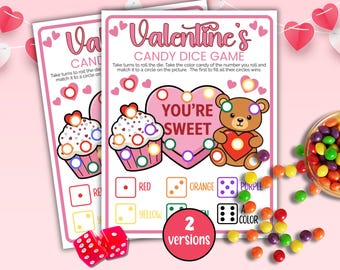 Valentine candy dice game for kids printable, Valentine party game, family game night, Valentine class dice game, classroom valentine
