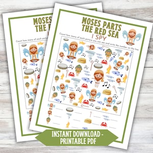 Pode incluir: Duas folhas de atividades PDF imprimíveis com uma borda verde. As folhas apresentam o texto "MOSES PARTS THE RED SEA I SPY". A atividade inclui ilustrações de Moisés, peixes, notas musicais e outros símbolos religiosos. A parte inferior da folha diz "DOWNLOAD INSTANTÂNEO - PDF IMPRIMÍVEL".