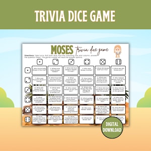 May include: A trivia dice game with the title "MOSES trivia dice game" in a green and white design. The game includes questions about Moses and the Bible. A digital download is available.