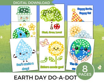 May include: Eight printable Earth Day themed do-a-dot activity pages. The pages feature a variety of images including a recycling bin, a tree, a sun, a flower, a water drop, and the Earth. The text on the pages includes "Happy Earth. Happy Us!" "Plant, Grow, Love!" "Don't waste a drop!" "Nature needs you!" and "The Earth is our home."