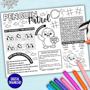 May include: A black and white Penguin Patrol activity sheet with a word search, riddles, and a scavenger hunt. A plush penguin toy and colourful markers are also in the image. The sheet has the words "Digital Download".