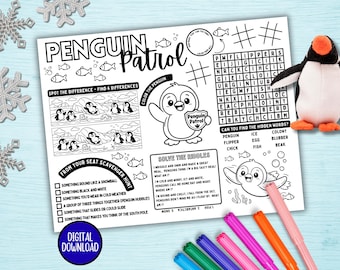 Penguin Activity Coloring Placemat Printable for Kids, Penguin Awareness Day Game, Polar Animal Classroom Morning Work, Winter Party Favor