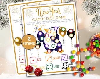 New Year candy dice game for kids printable, Roll a Dice New Year game, Holiday party game, family game night, New Year's Eve Activity