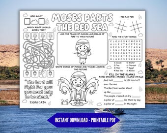 May include: Black and white printable PDF activity sheet titled "Moses Parts the Red Sea." Includes a maze, word search, fill-in-the-blanks, and illustrations of Moses. Features the text "Instant Download - Printable PDF."