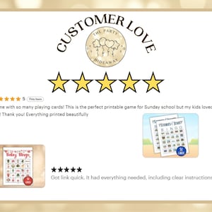 May include: A customer review graphic with a gold background. The text "CUSTOMER LOVE" is at the top, with a logo and five gold stars. Two images of bingo cards are shown, one labeled "Baby Bingo" and the other "Stories of Jesus Bingo".